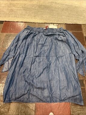 Light Blue Chambray Mini Skirt - Off-Shoulder Style